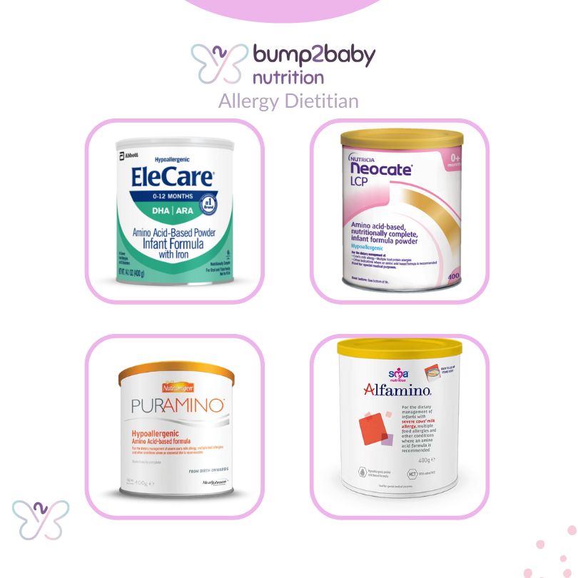 Neocate, Nutramigen Puramino, EleCare, and SMA Alfamino — amino acid formulas for babies with severe cow’s milk allergy (CMPA)